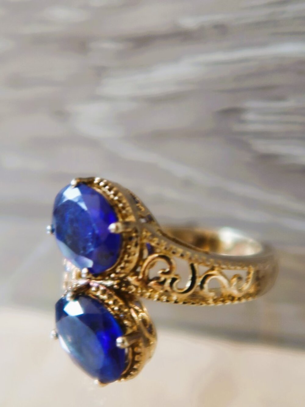 Double Blue Oval Filigree Ring STS 925 Gold Tone Size 6 Chunky Unisex